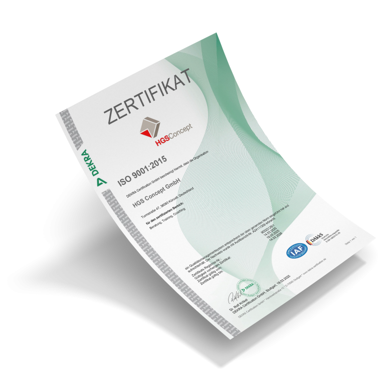 DEKRA ISO 9001:2015-Zertifikat Zertifikat mit grüner Gestaltung und Logo, Details zum Kurs enthalten.